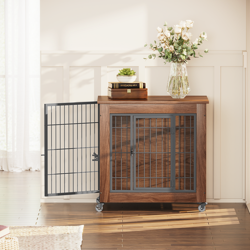 Heavy Duty Wooden Dog Crate Furniture with Wheels– Indoor Pet Kennel - Image 2