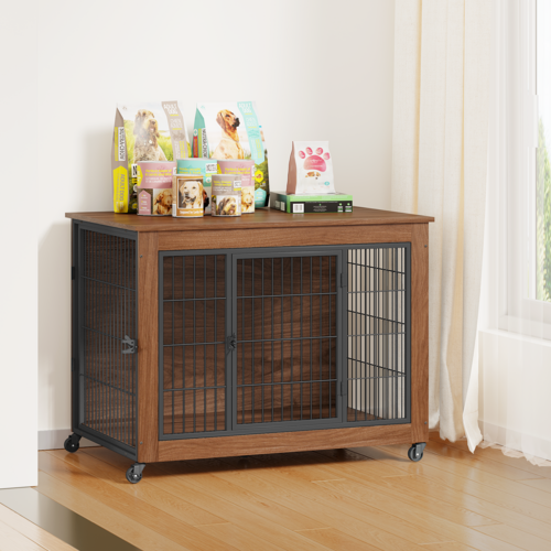 Heavy Duty Wooden Dog Crate Furniture with Wheels– Indoor Pet Kennel - Image 61
