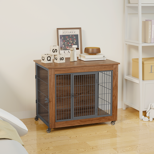 Heavy Duty Wooden Dog Crate Furniture with Wheels– Indoor Pet Kennel - Image 35