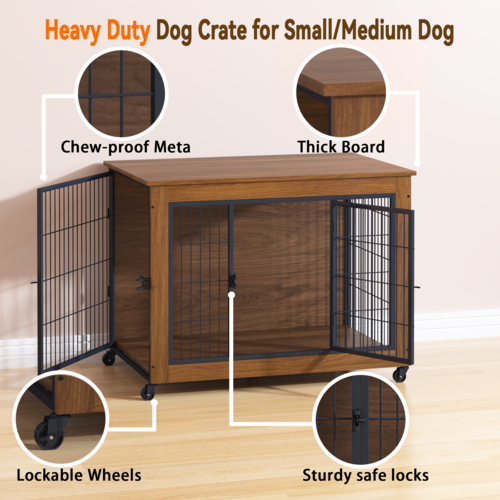 Heavy Duty Wooden Dog Crate Furniture with Wheels– Indoor Pet Kennel - Image 64