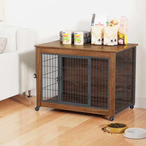 Heavy Duty Wooden Dog Crate Furniture with Wheels– Indoor Pet Kennel - Image 56