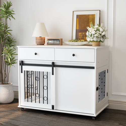 Modern Wooden Dog Crate Furniture with Sliding Barn Door – MDF Indoor - Image 8