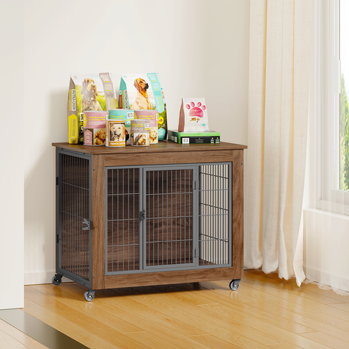 Heavy Duty Wooden Dog Crate Furniture with Wheels– Indoor Pet Kennel - Image 38