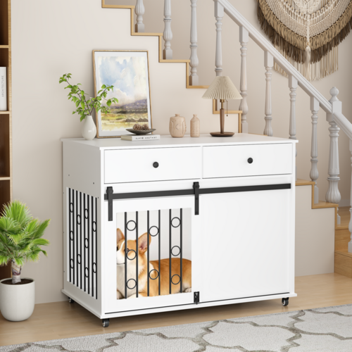 Modern Wooden Dog Crate Furniture with Sliding Barn Door – MDF Indoor - Image 11