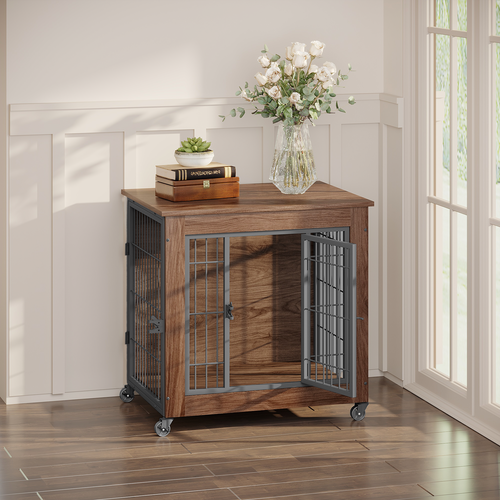 Heavy Duty Wooden Dog Crate Furniture with Wheels– Indoor Pet Kennel - Image 3